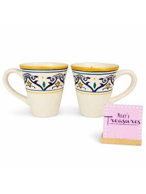 Tabletops Gallery BIANCO Handcrafted Earthenware Blue Scroll Yellow Mugs Set 2